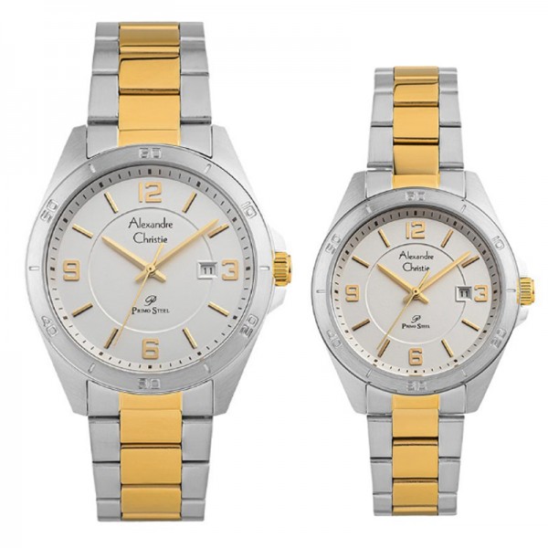 Alexandre Christie AC 1016 Silver Gold White Steel Couple